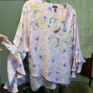 Vince Camuto Lavender Floral Blouse with Ruffle Sleeves